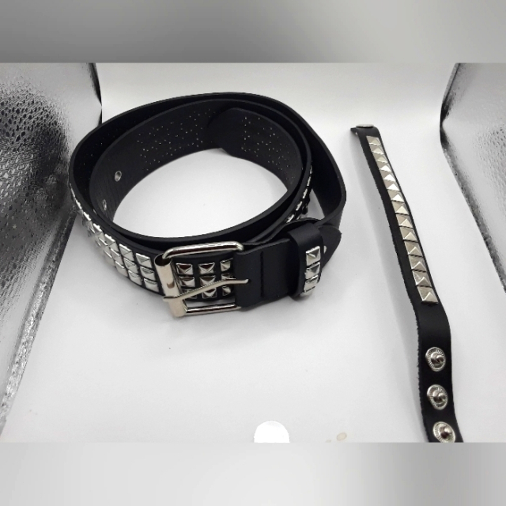 Gothic Studded Vegan  Leather Belt + Studded Bracelet Unisex -Black-New